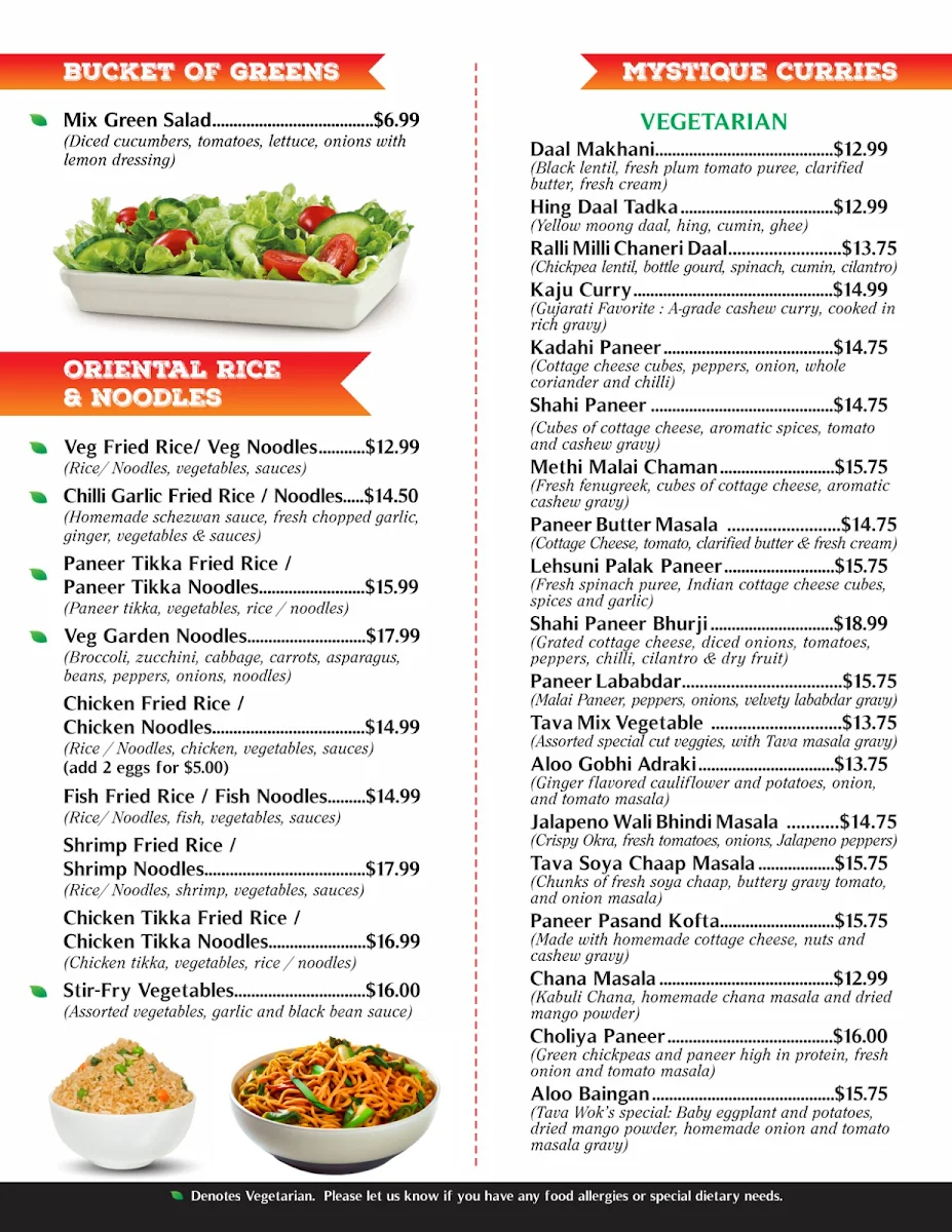 Menu, Tava Wok Modern Indian & Indo Chinese Bistro
