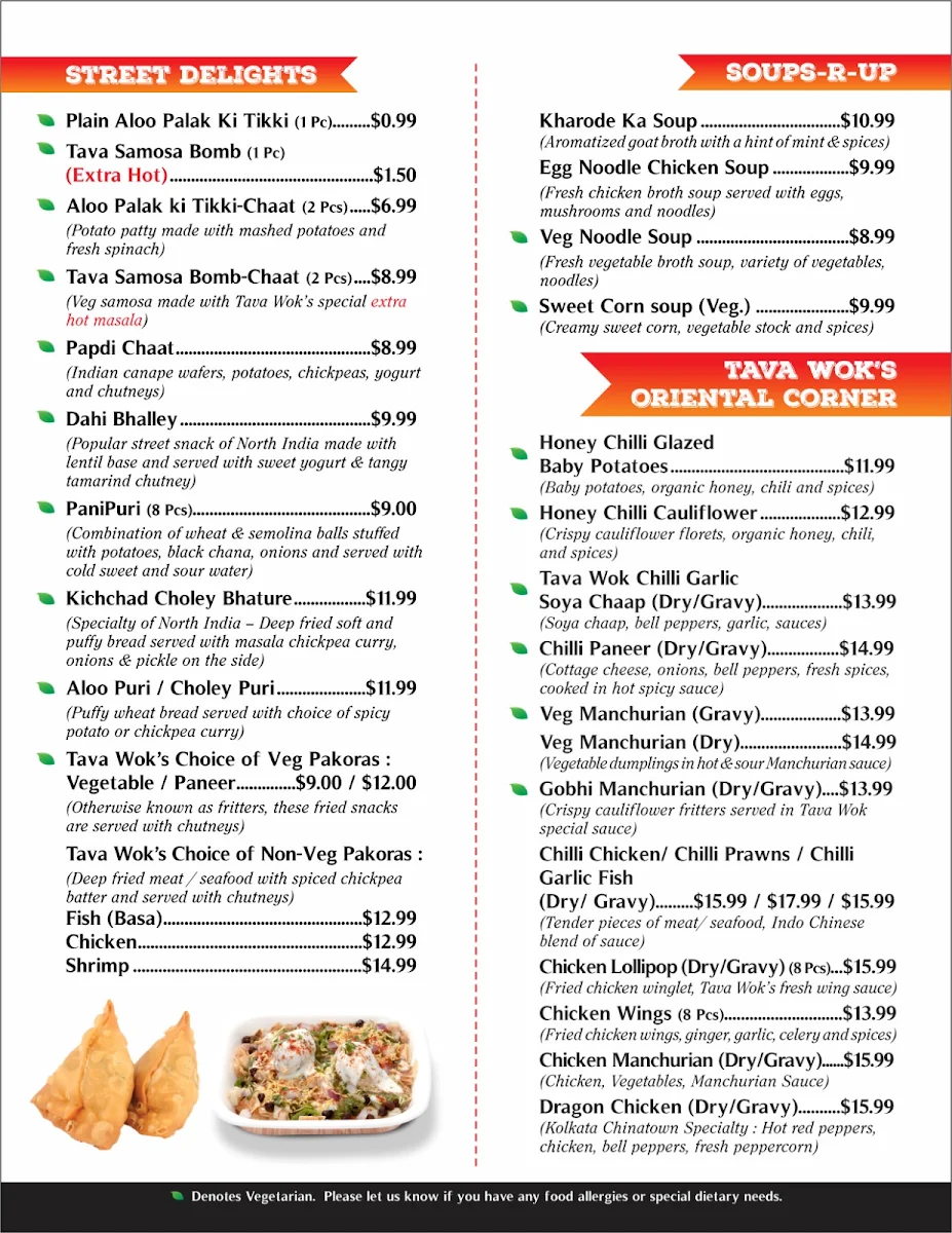 Menu, Tava Wok Modern Indian & Indo Chinese Bistro