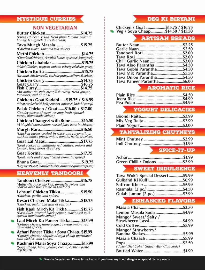 Menu, Tava Wok Modern Indian & Indo Chinese Bistro