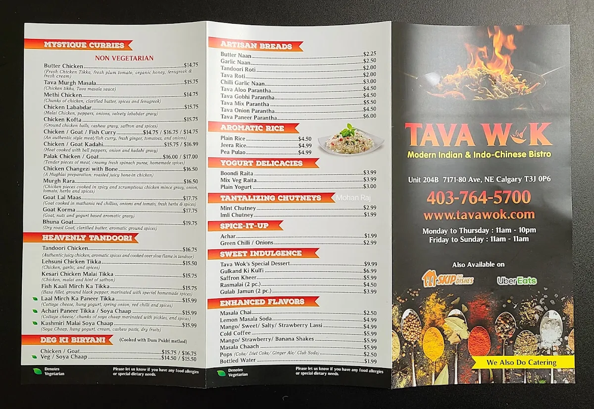 Menu, Tava Wok Modern Indian & Indo Chinese Bistro