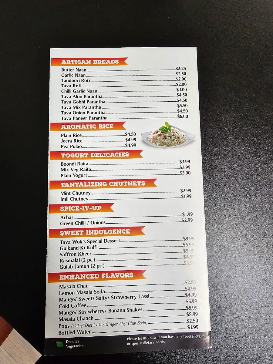 Menu, Tava Wok Modern Indian & Indo Chinese Bistro