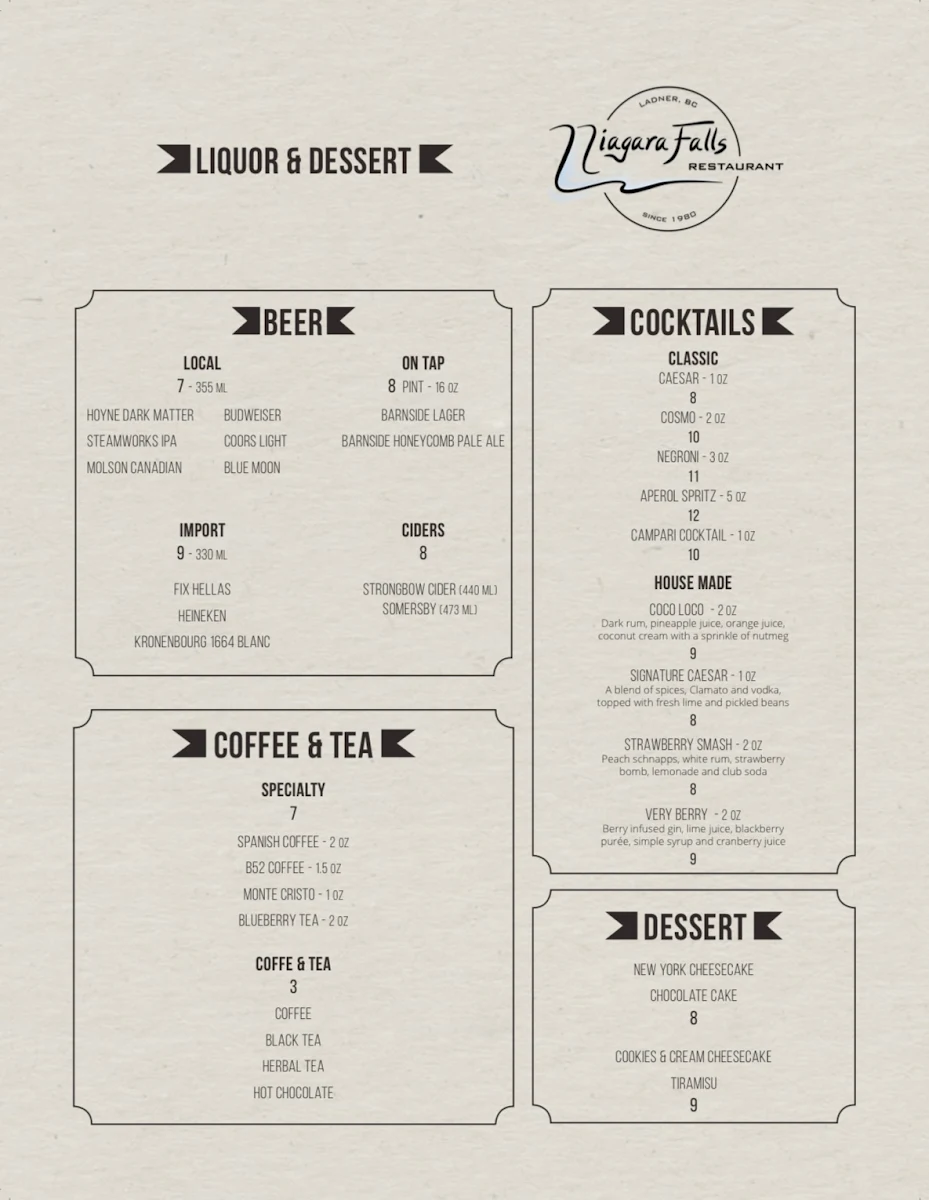 Menu, Niagara Pizza