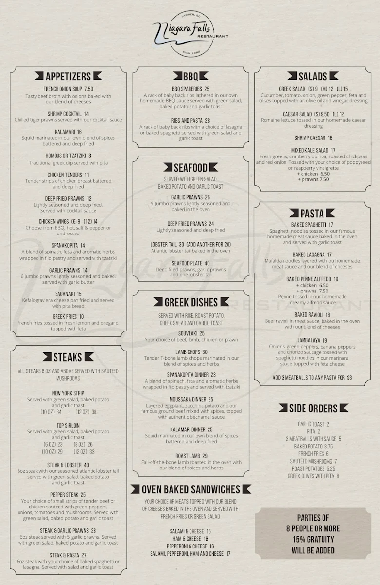 Menu, Niagara Pizza