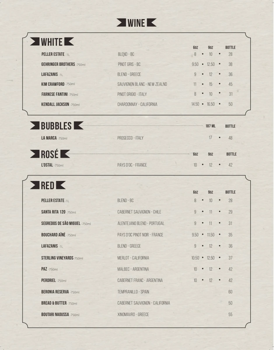 Menu, Niagara Pizza