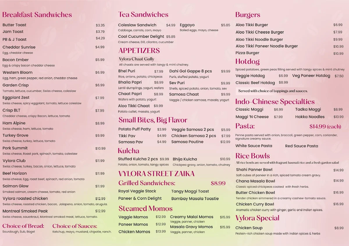 Menu, Vylora Café