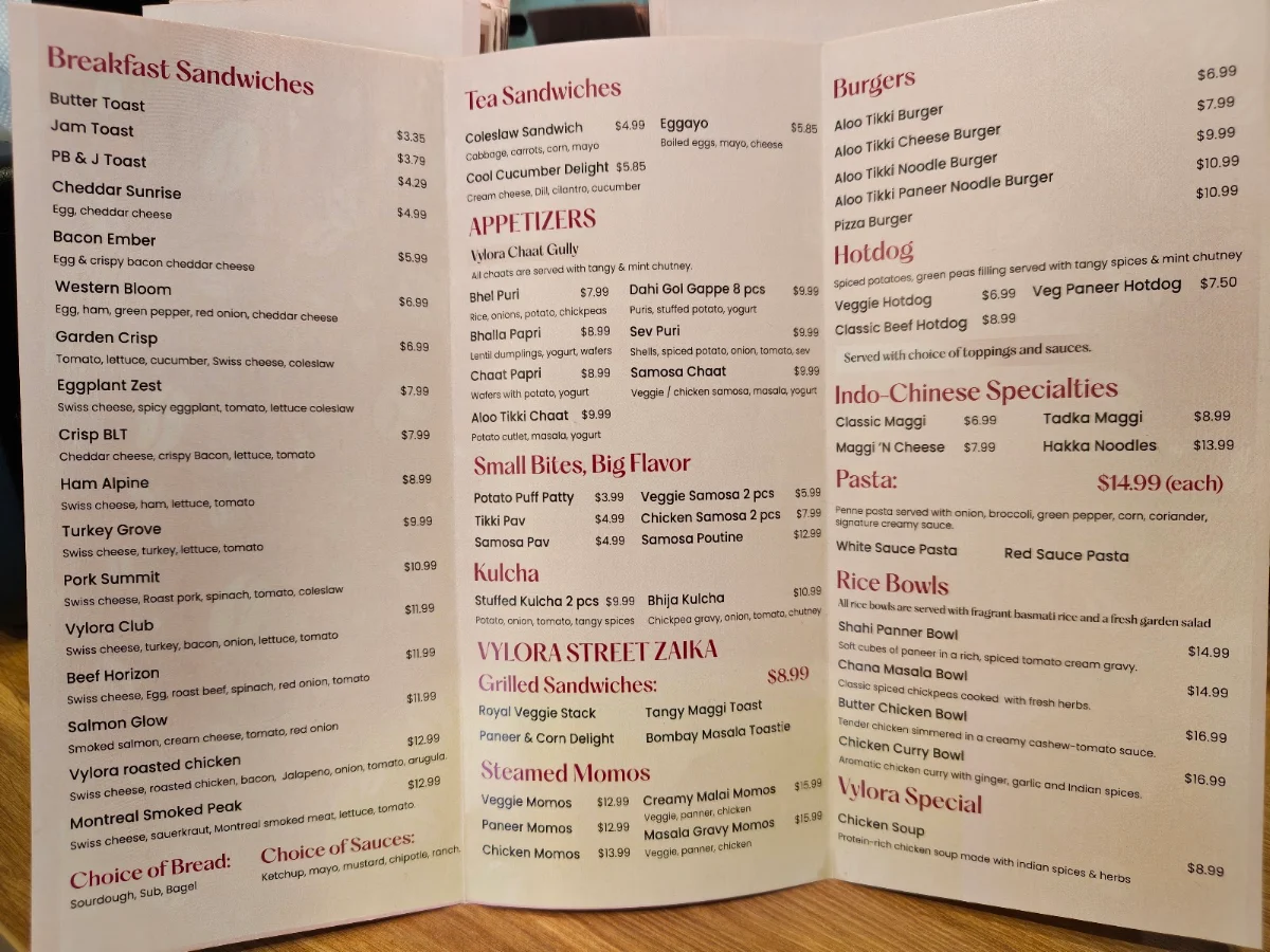 Menu, Vylora Café