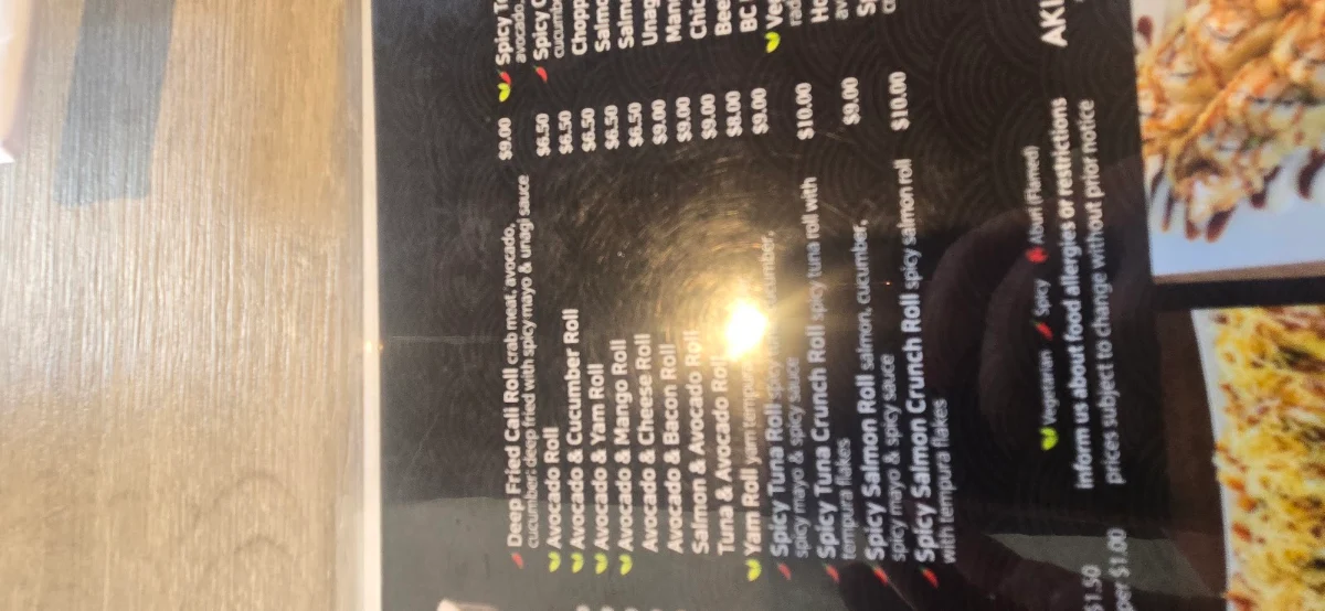 Menu, Akihana Sushi