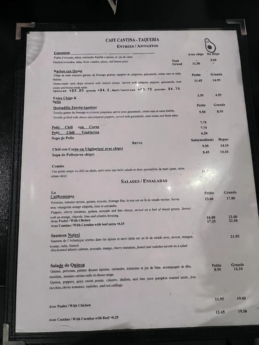 Menu, Café Cantina