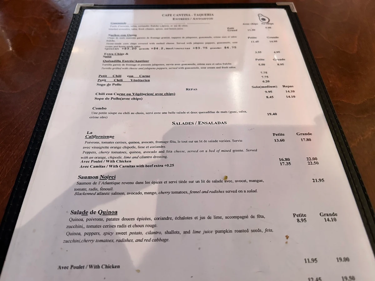 Menu, Café Cantina
