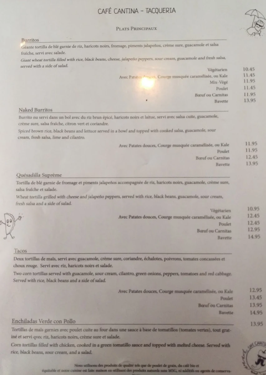 Menu, Café Cantina