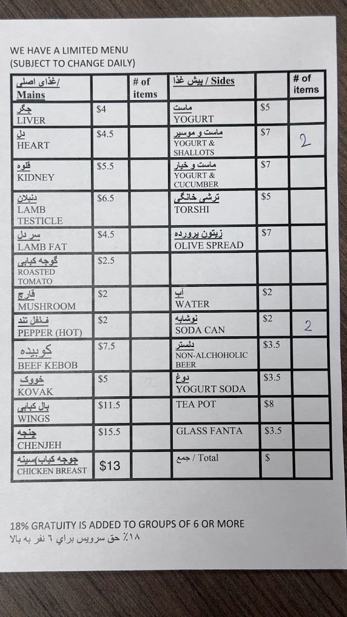 Menu, Kabana B.B.Q jigaraki (former Jigaraki Baghcheh)جگرکی کابانا