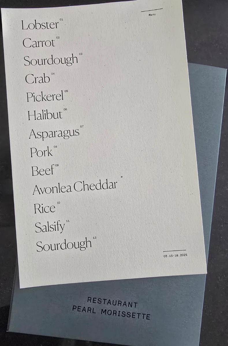 Menu, Restaurant Pearl Morissette
