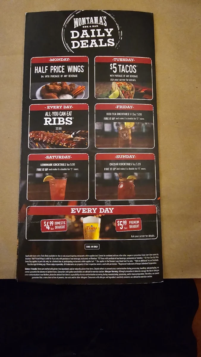 Menu, Montana’s BBQ & Bar