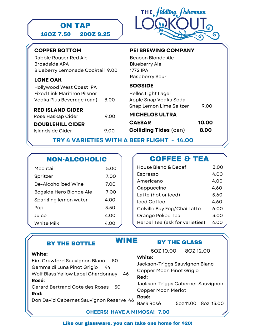 Menu, The Fiddling Fisherman Lookout