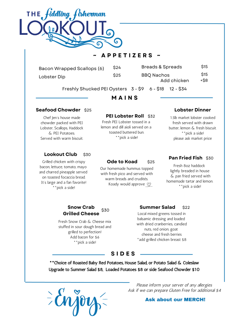 Menu, The Fiddling Fisherman Lookout