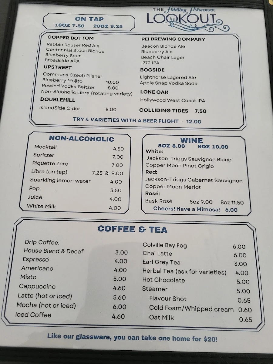 Menu, The Fiddling Fisherman Lookout