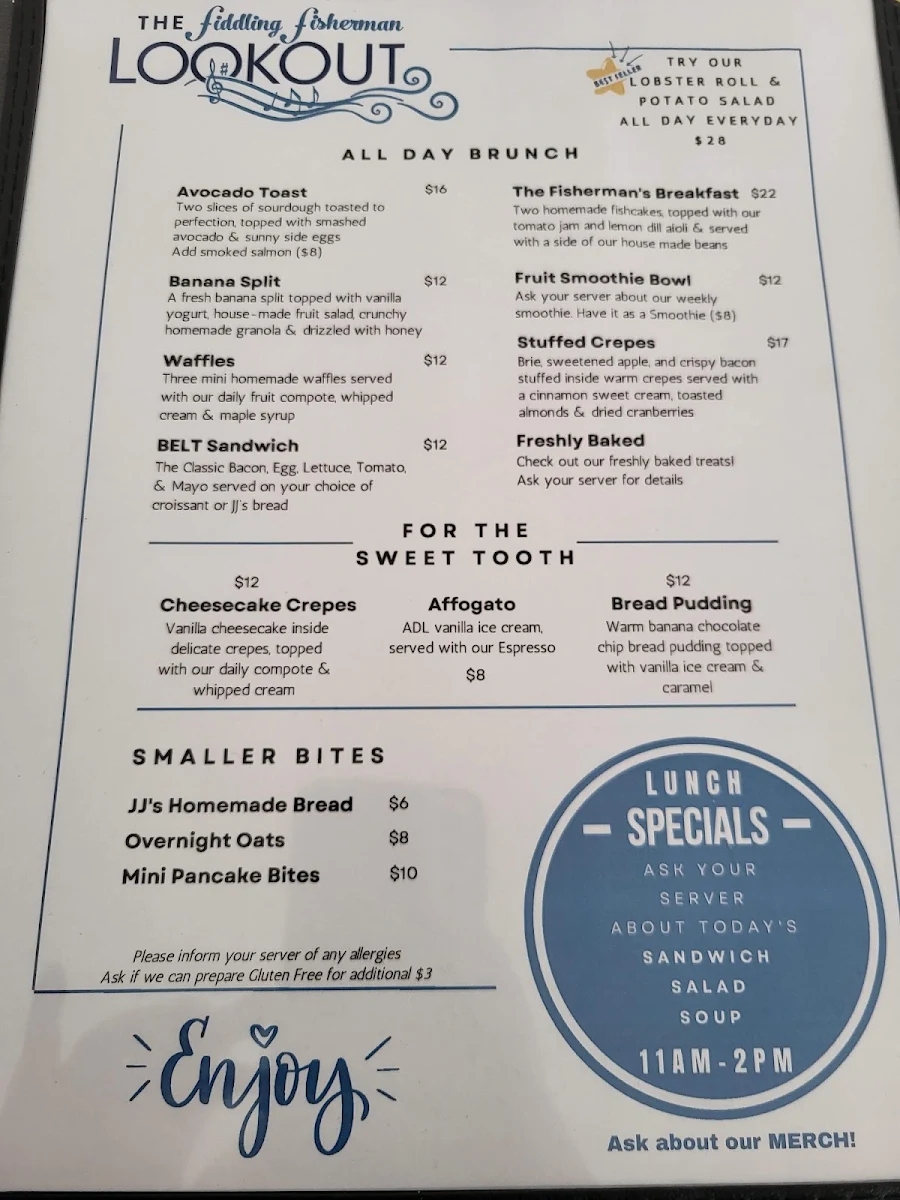 Menu, The Fiddling Fisherman Lookout