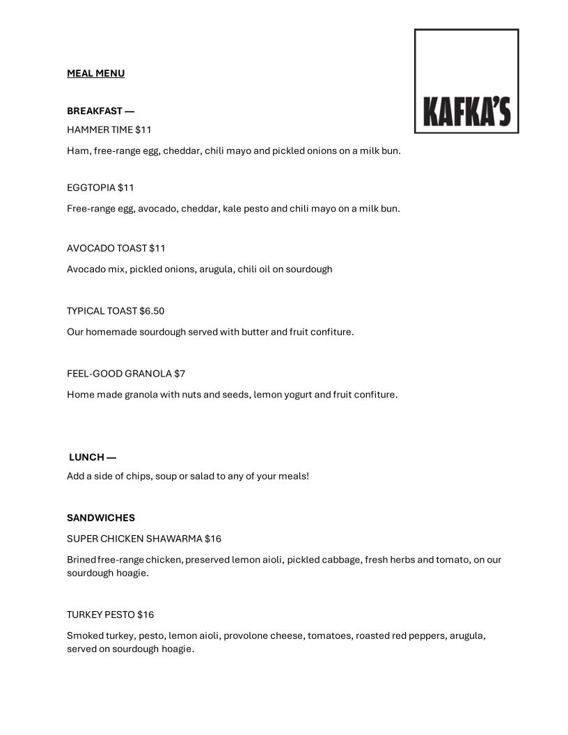 Menu, Kafka’s Coffee Roasting and Bakery
