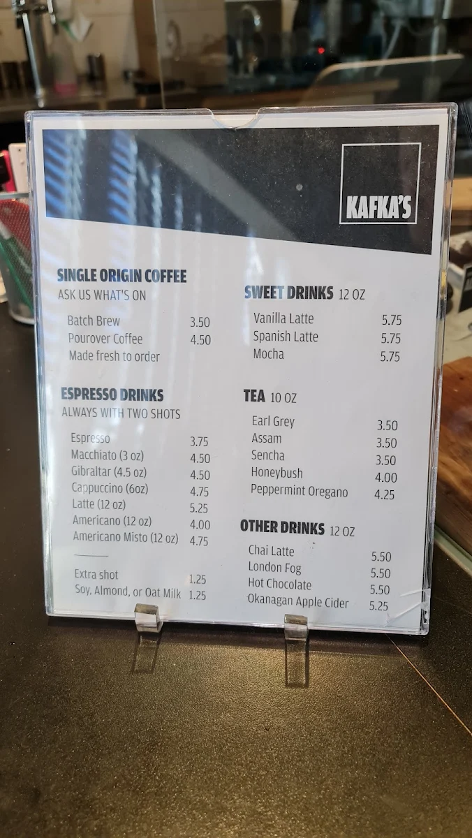 Menu, Kafka’s Coffee Roasting and Bakery