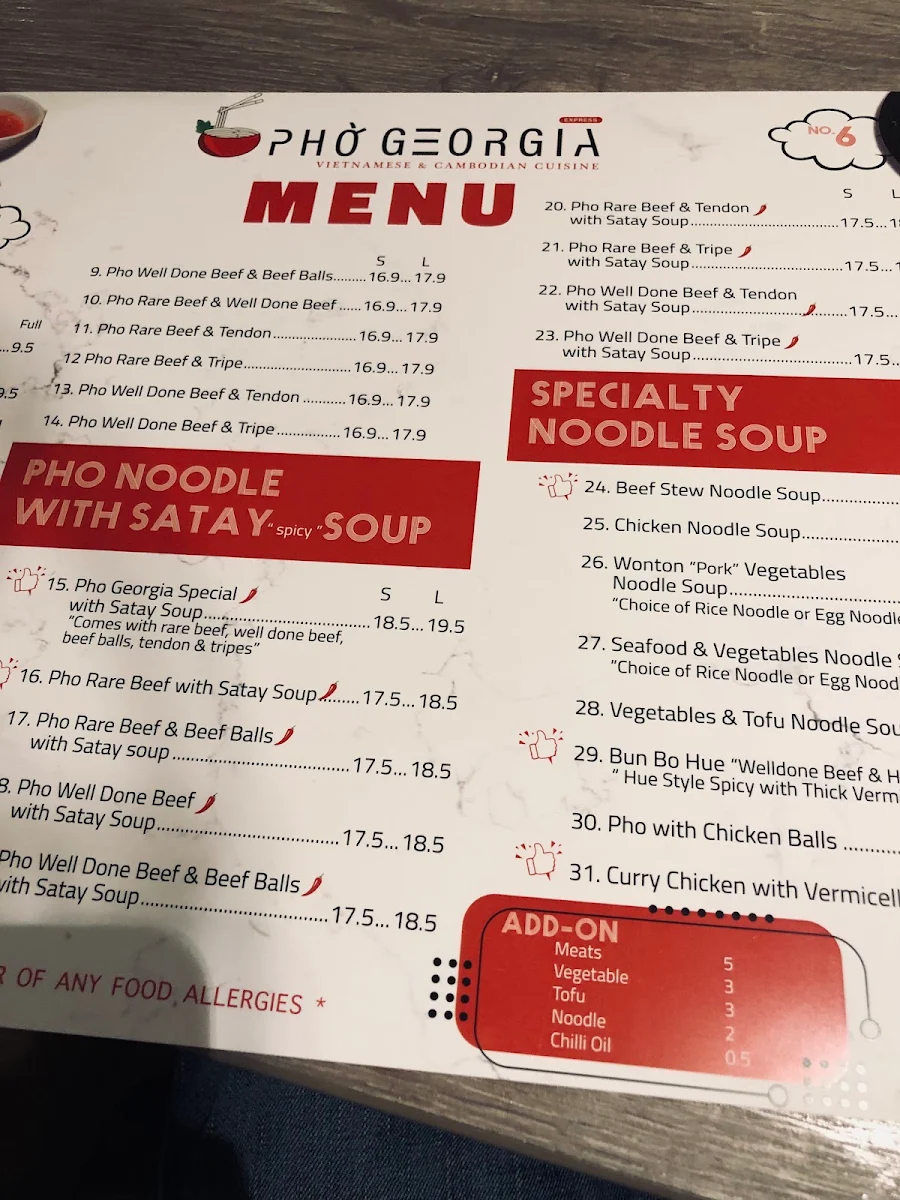 Menu, Pho Georgia Express