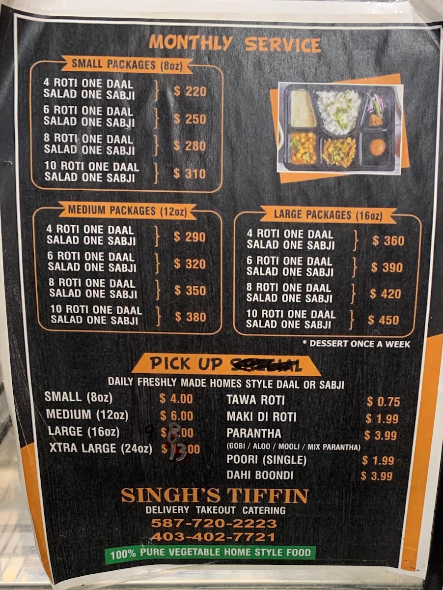 Menu, Singh’s Tiffin – Tiffin Service Calgary