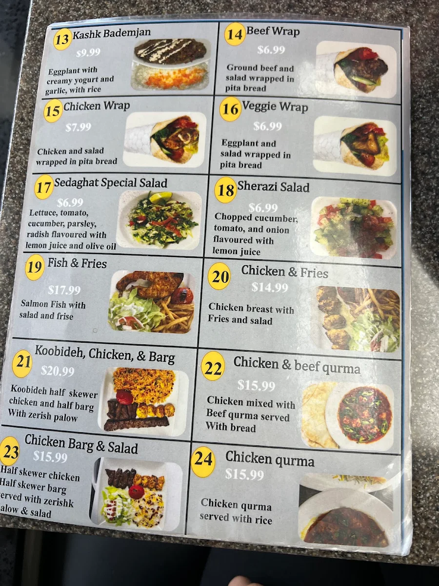 Menu, Sedaghat Restaurant
