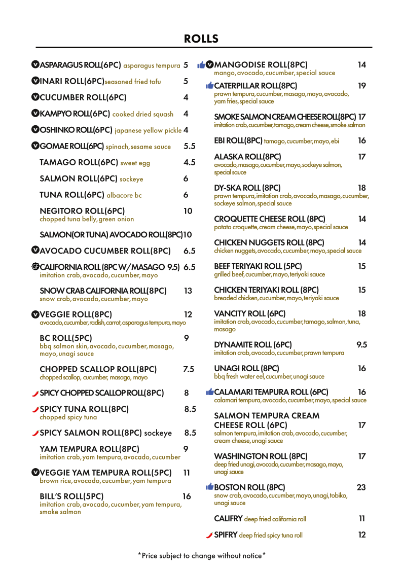 Menu, Sushi House