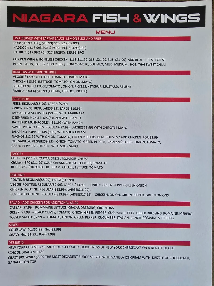 Menu, Niagara Fish & Wings