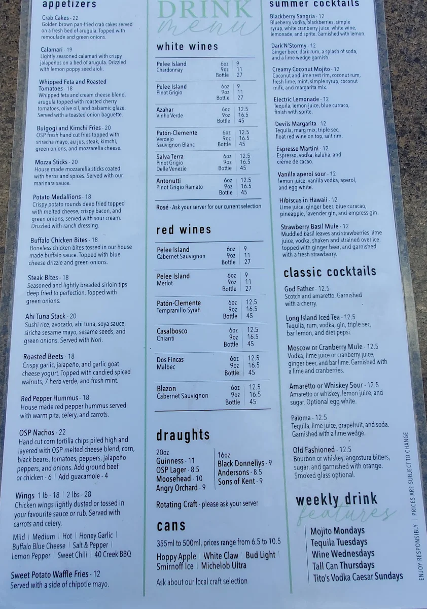Menu, The Old South Village Pub