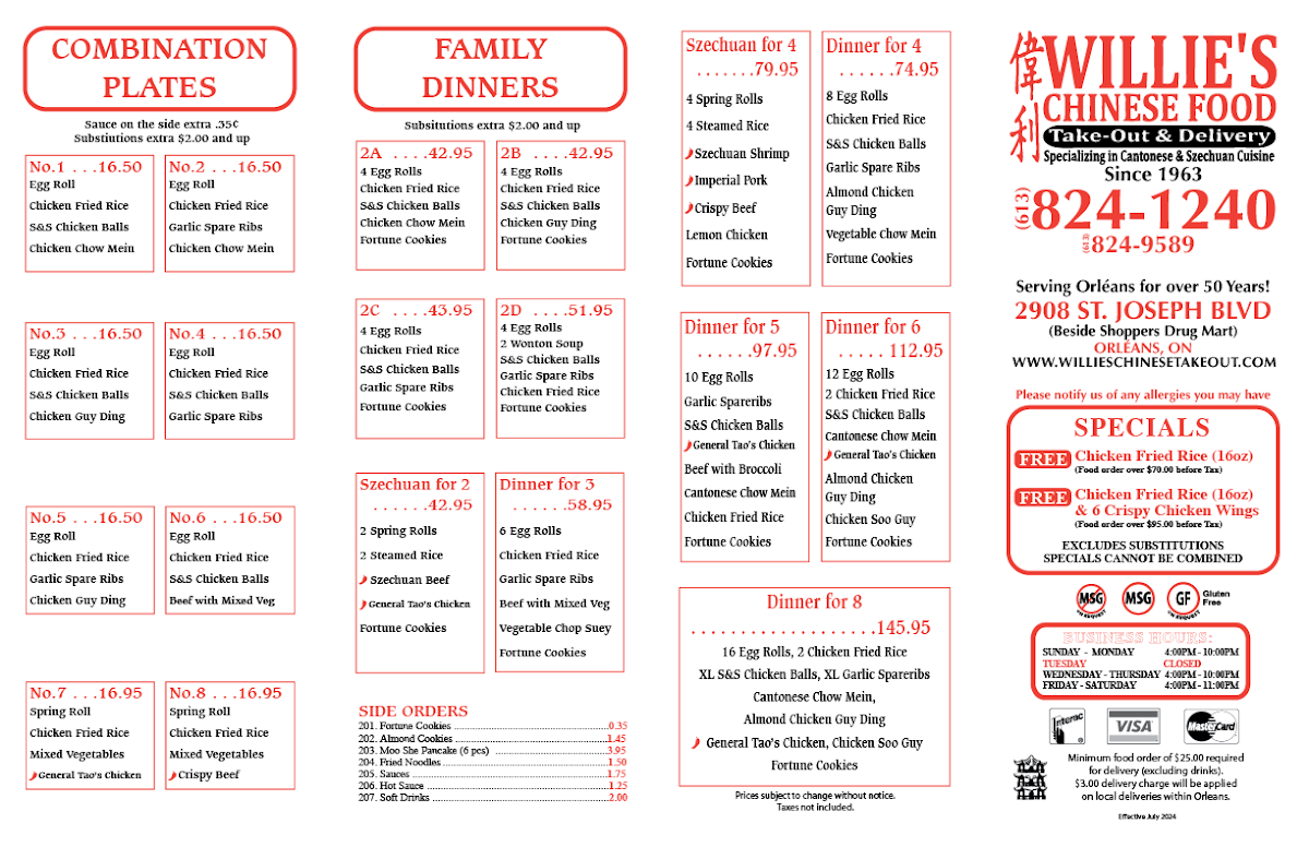 Menu, Willie's Chinese Food