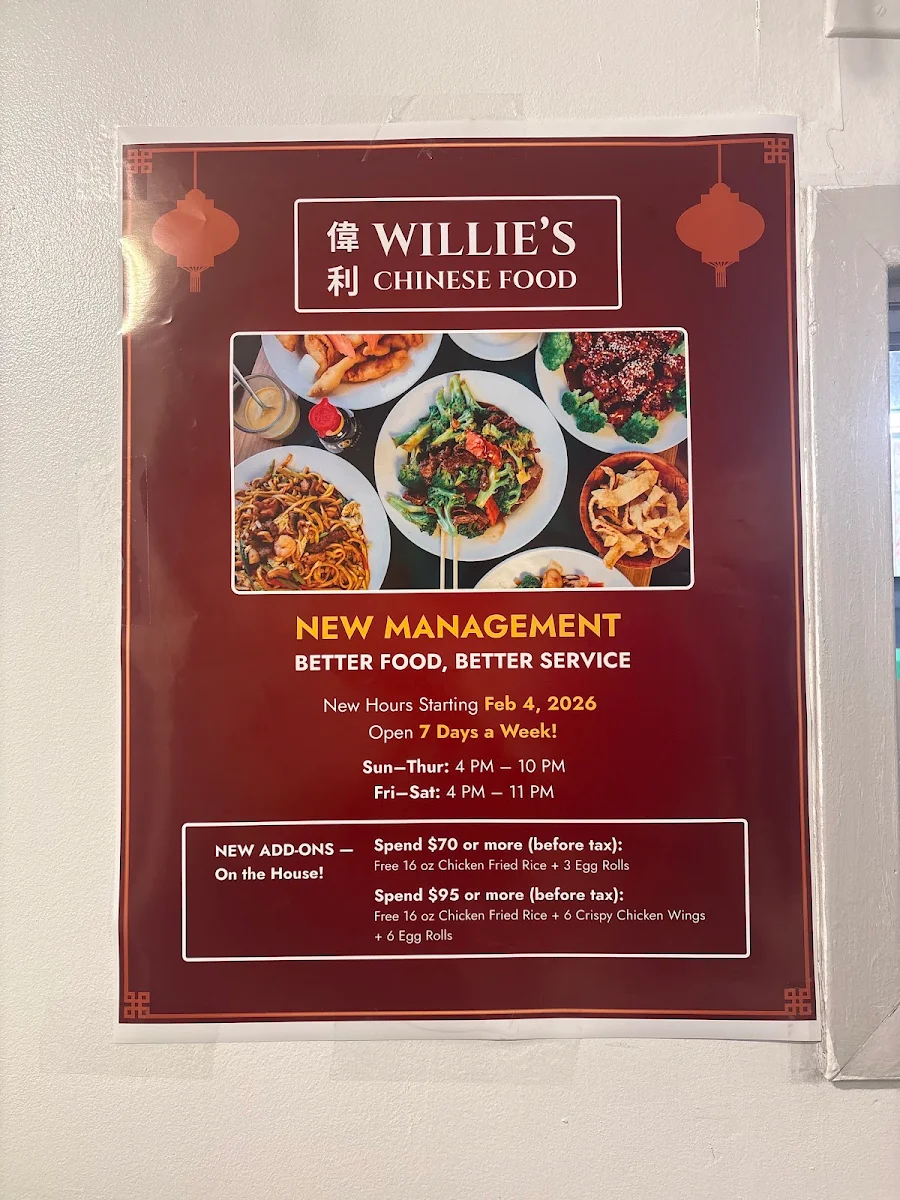 Menu, Willie's Chinese Food