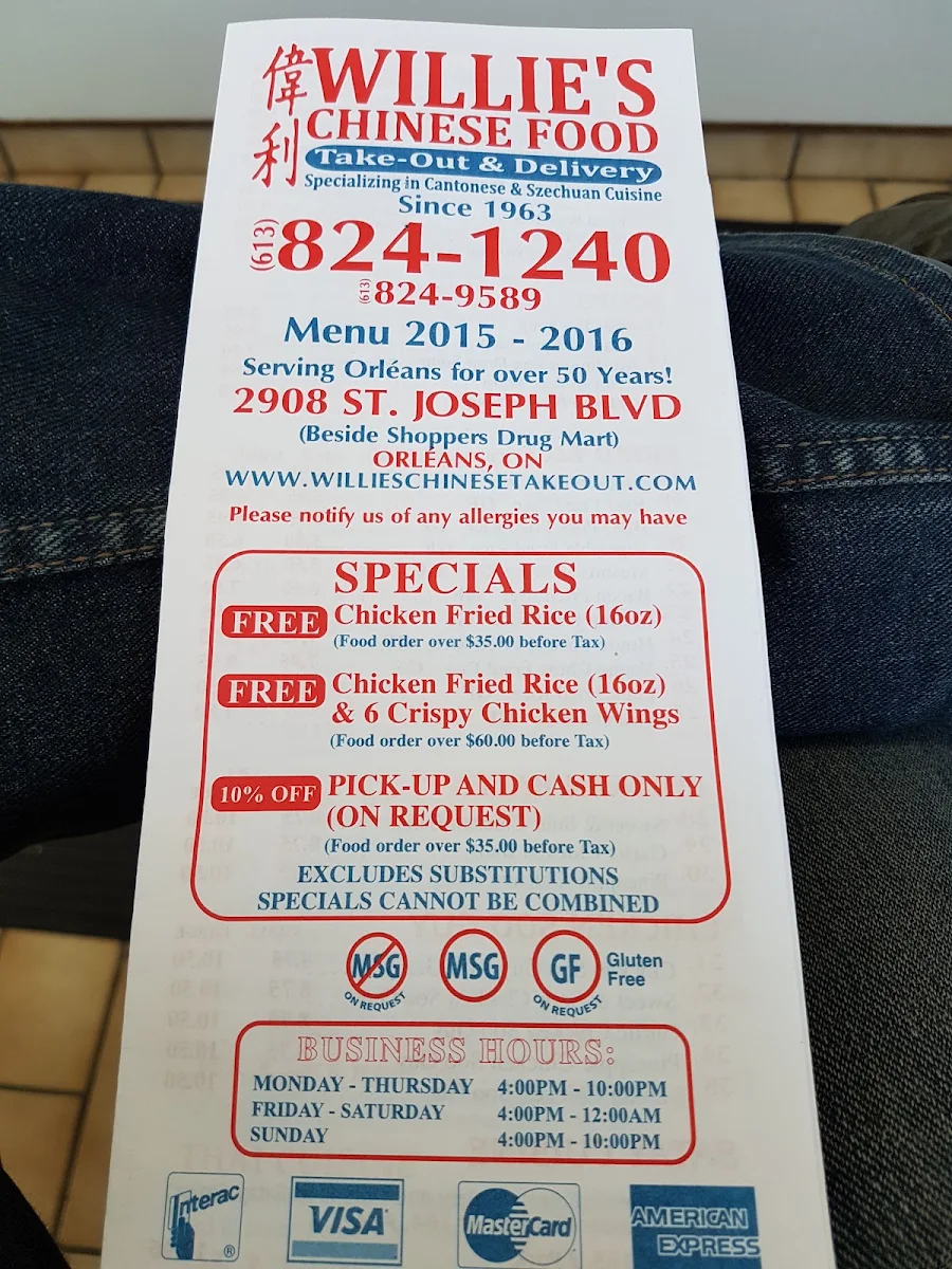 Menu, Willie's Chinese Food