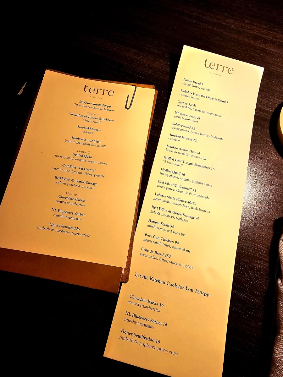 Menu, Terre Restaurant