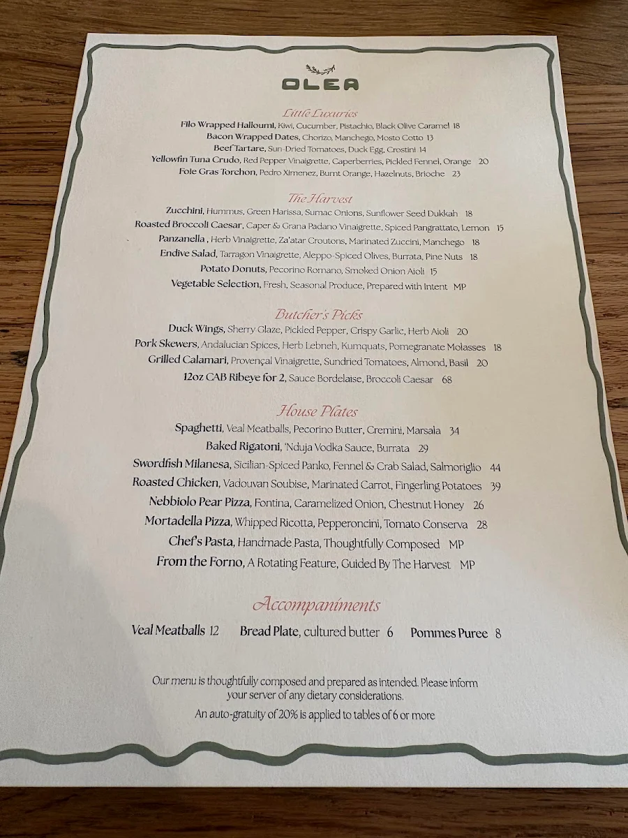 Menu, Olea Restaurant