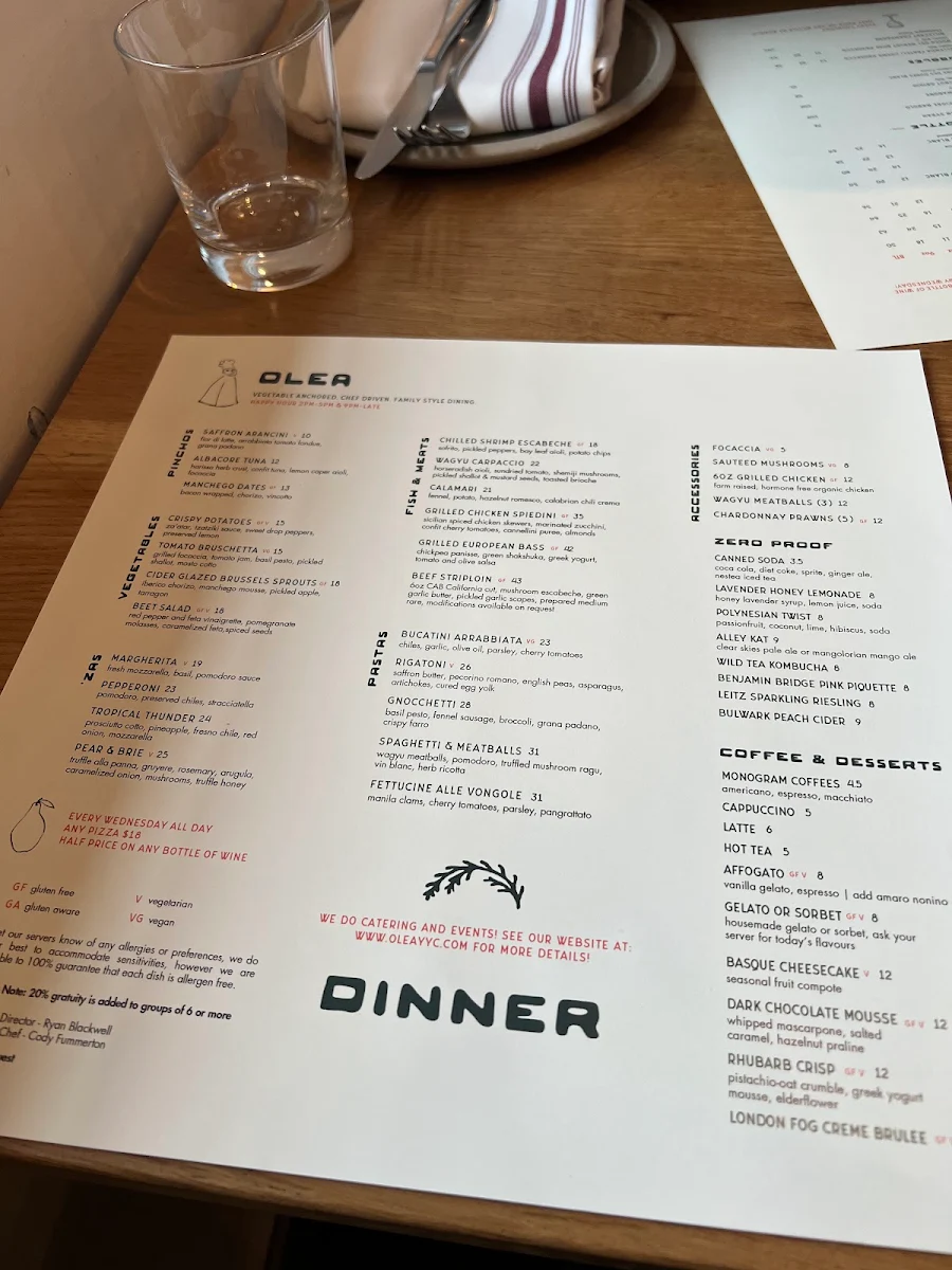 Menu, Olea Restaurant