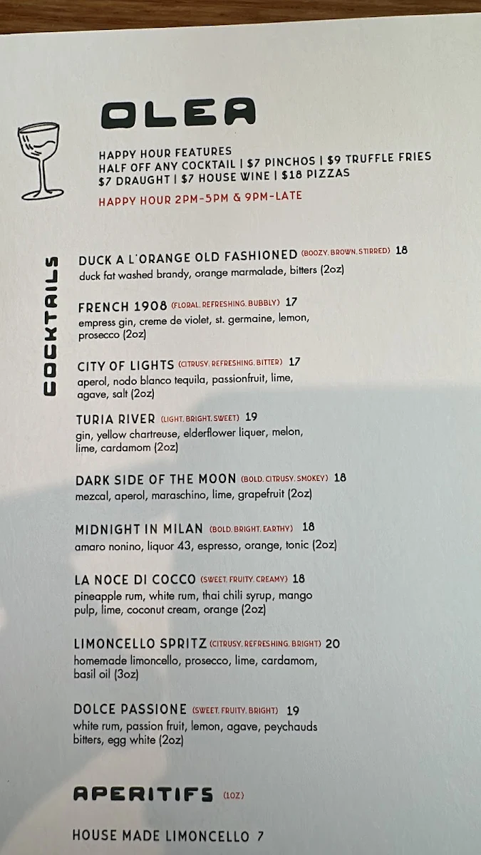 Menu, Olea Restaurant