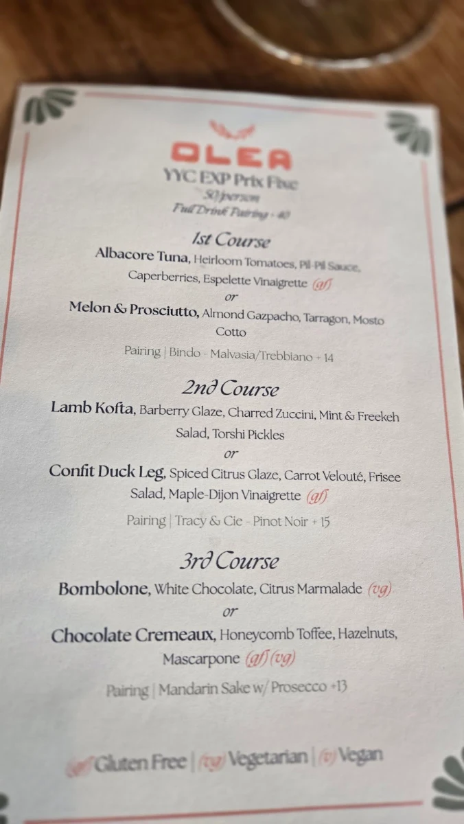 Menu, Olea Restaurant