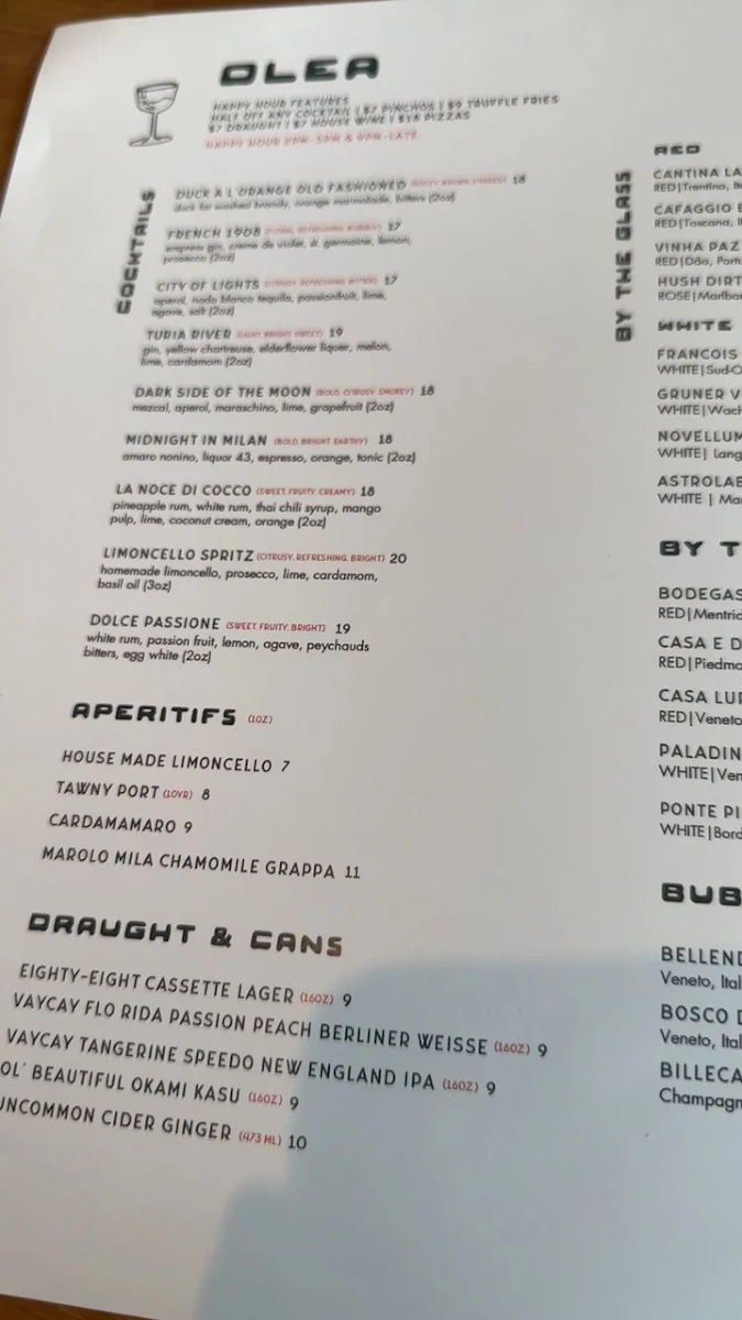 Menu, Olea Restaurant