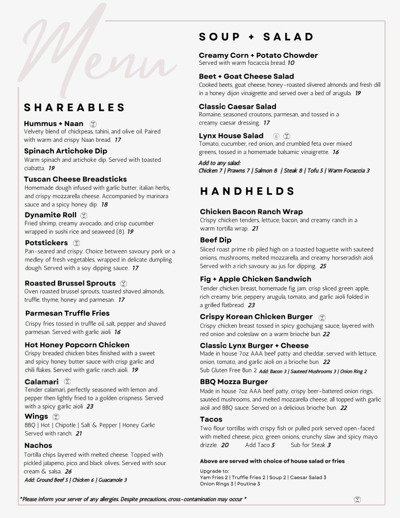 Menu, The Lookout YYC