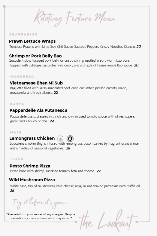 Menu, The Lookout YYC