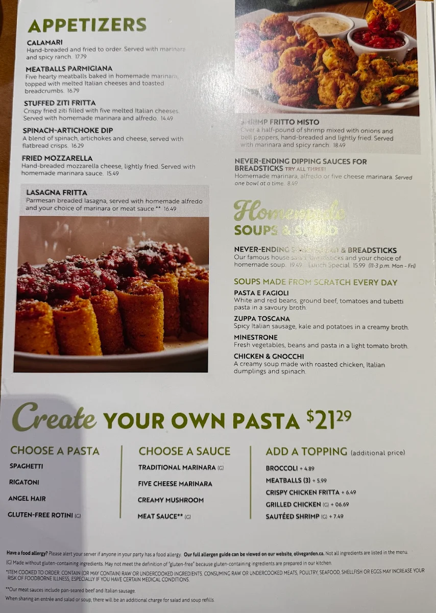 Menu, Olive Garden Italian Restaurant