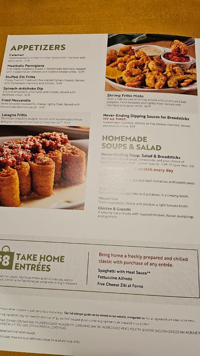 Menu, Olive Garden Italian Restaurant