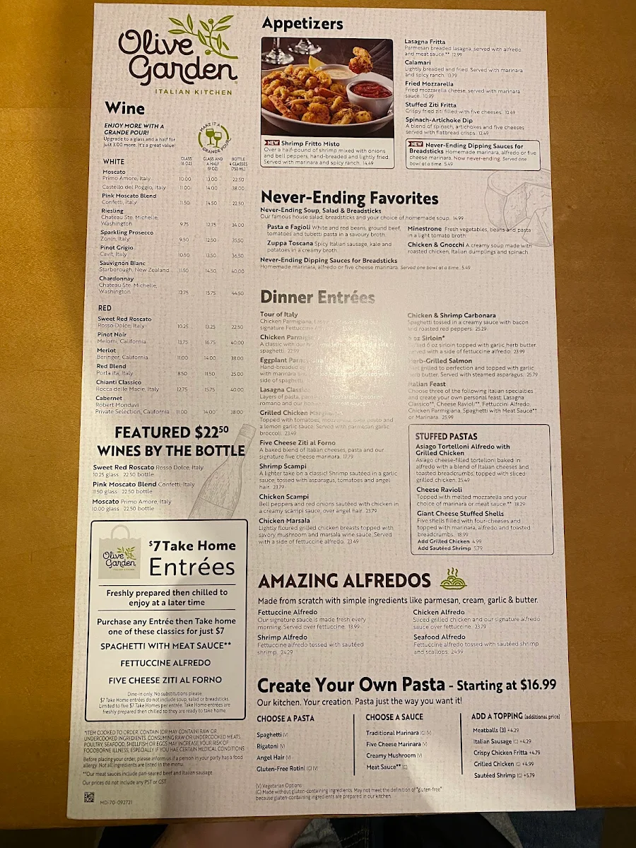 Menu, Olive Garden Italian Restaurant