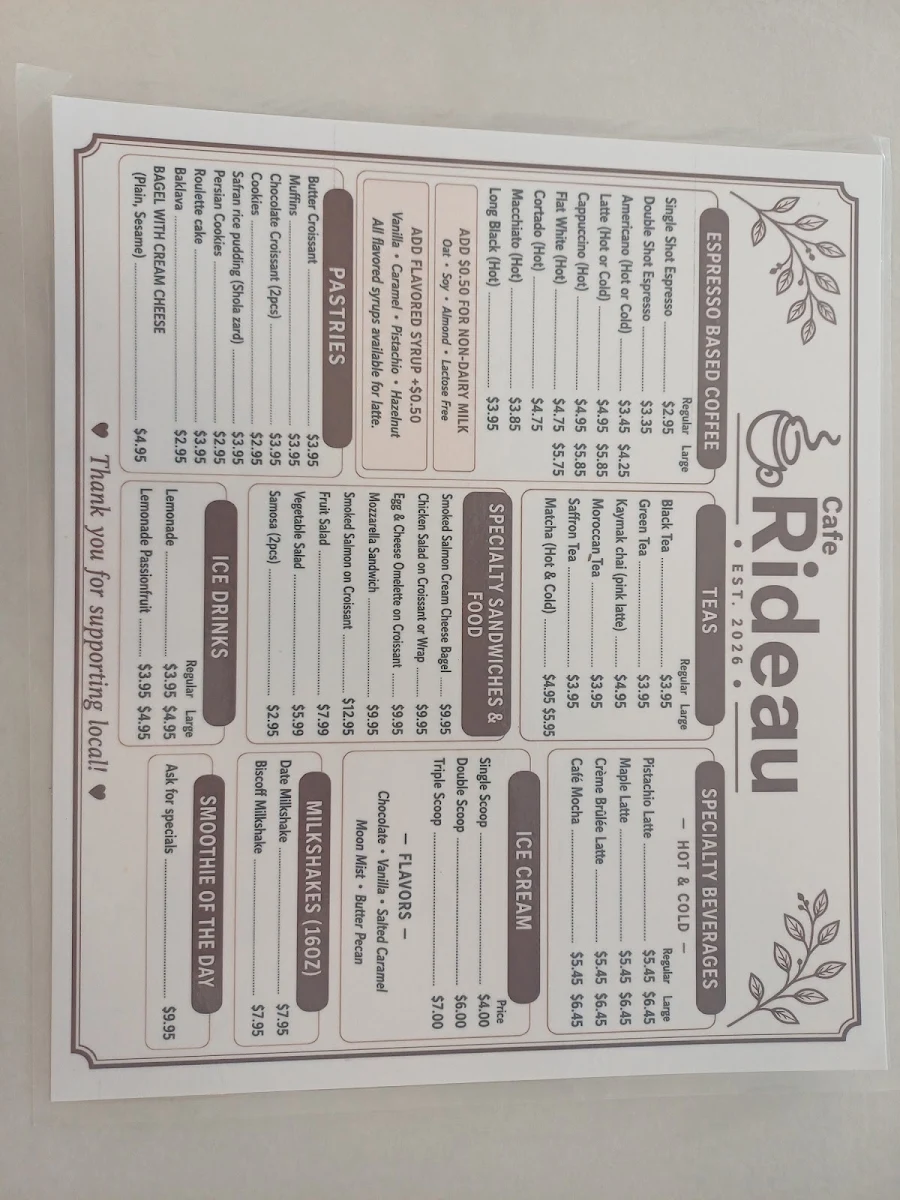 Menu, Cafe Rideau