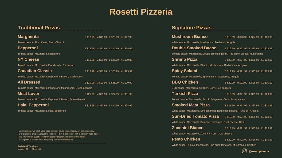 Menu, Rosetti Pizzeria