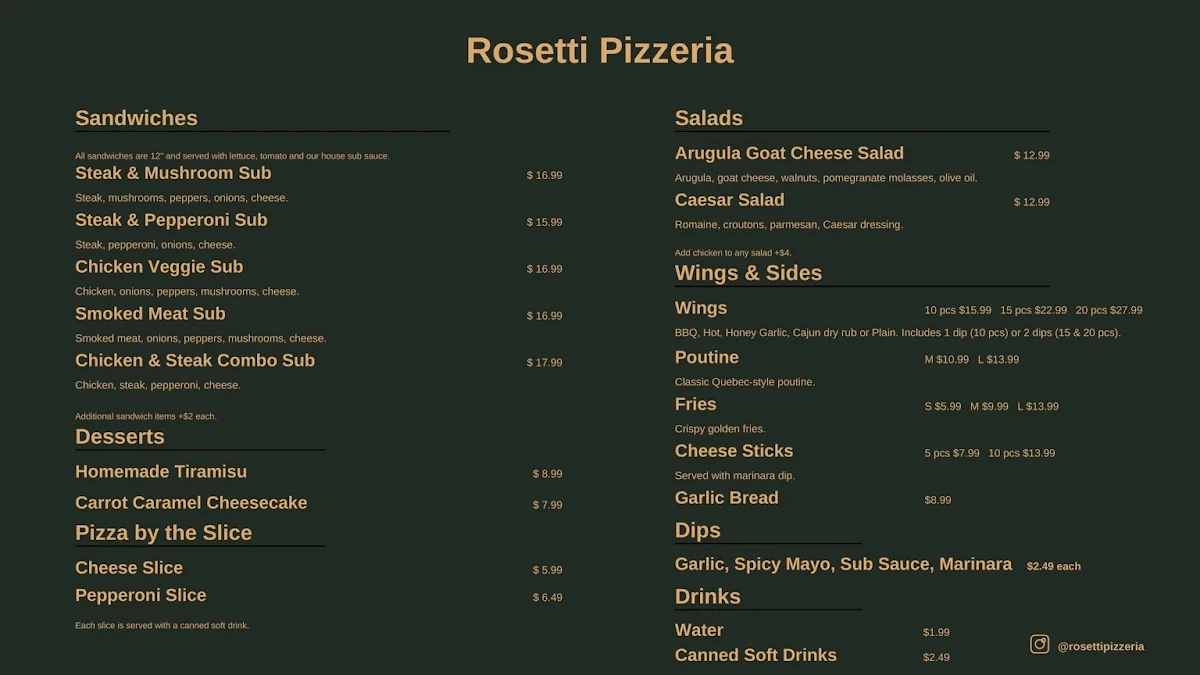Menu, Rosetti Pizzeria