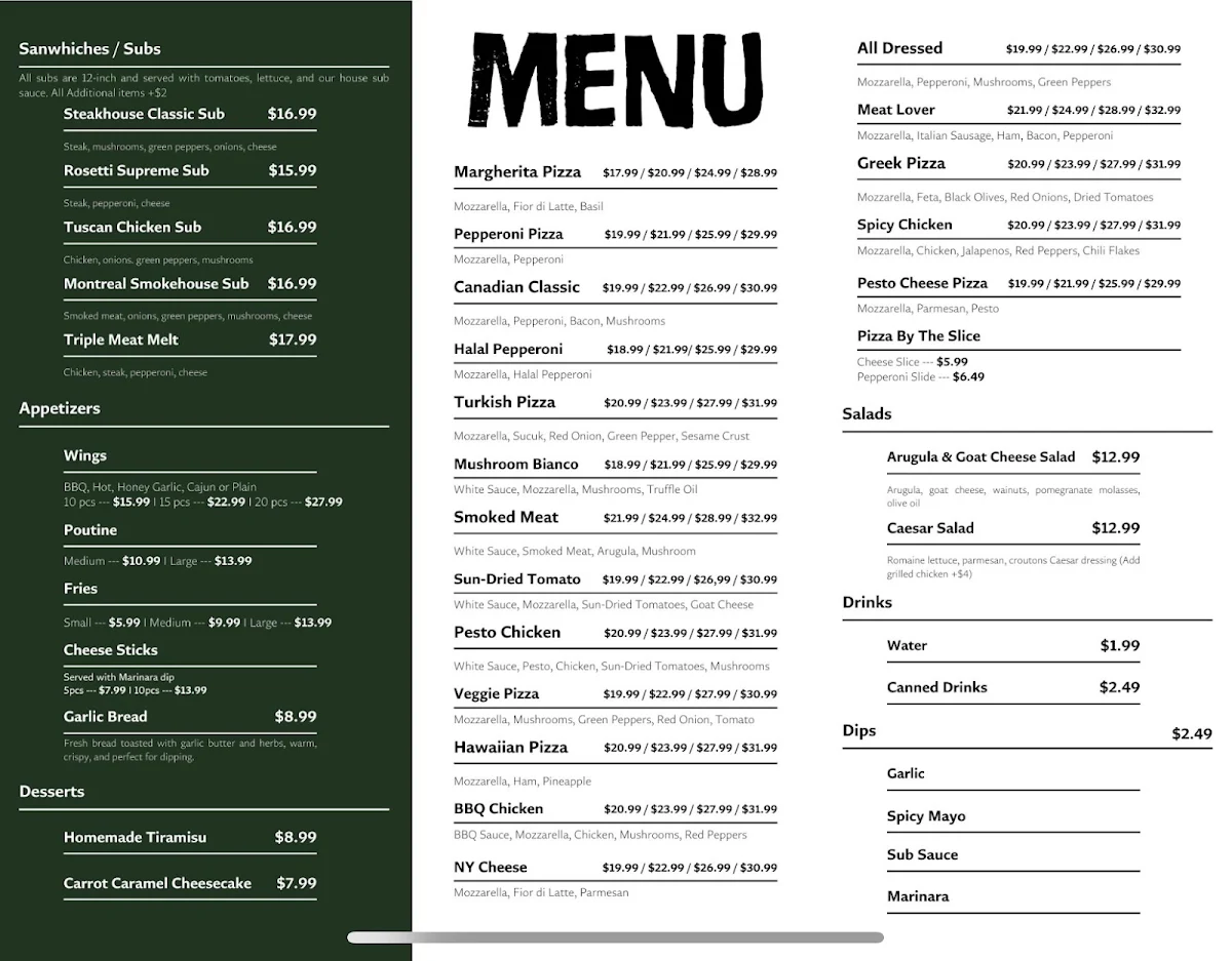 Menu, Rosetti Pizzeria