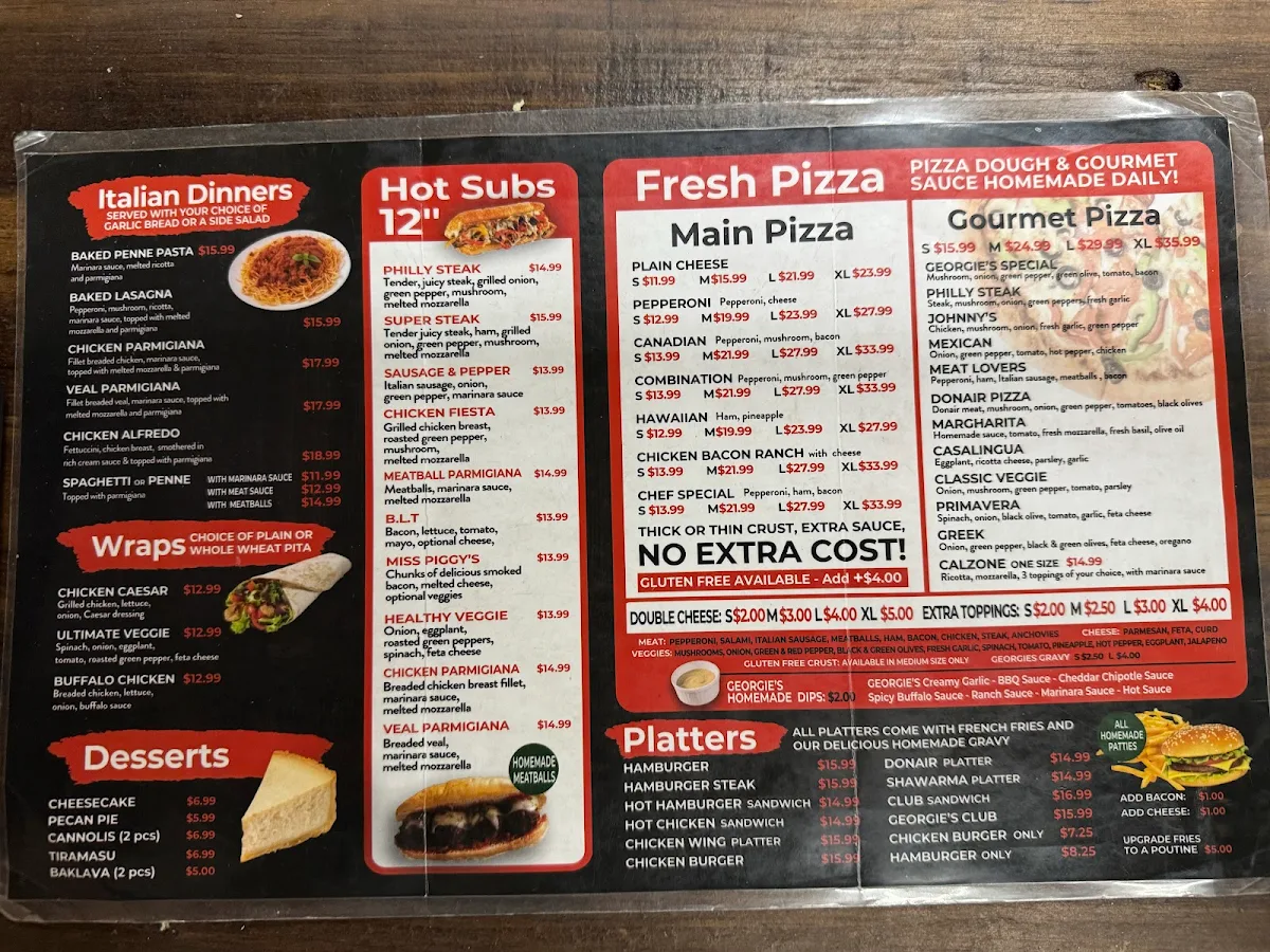 Menu, Rosetti Pizzeria