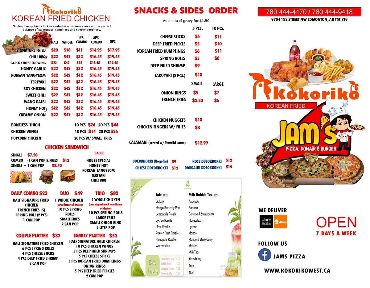 Menu, Kokoriko Fried Chicken & Jam's Pizza and Donair