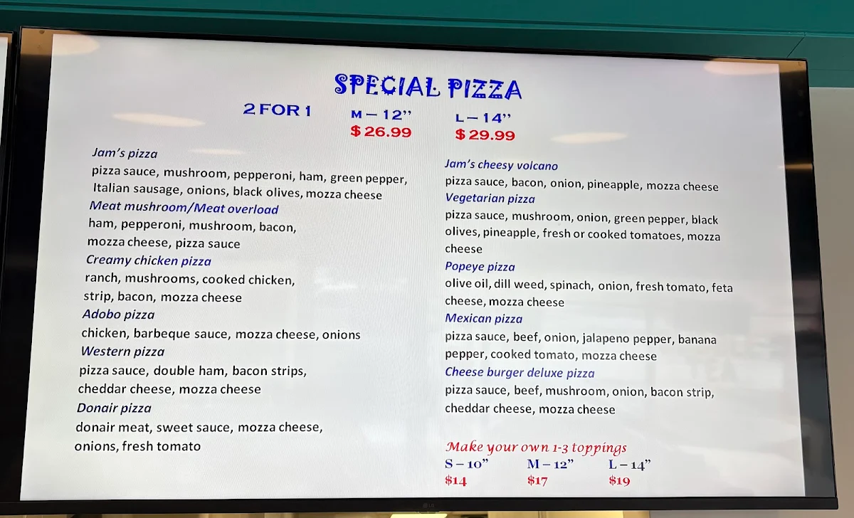 Menu, Kokoriko Fried Chicken & Jam's Pizza and Donair